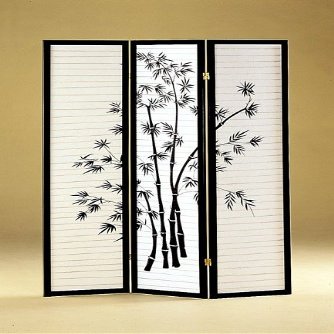 3-panel Black Finish Wooden Screen W/bamboo Design