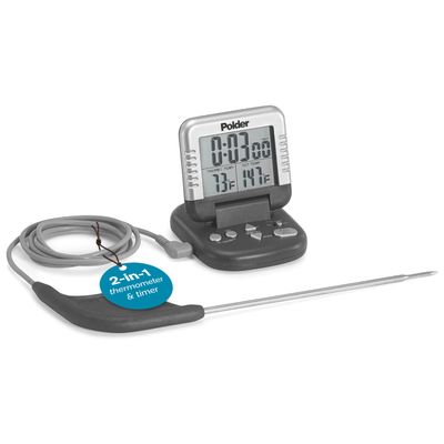 Polder Classic Digital Thermometer and Timer, Meat Thermometer for Cooking, Stainless Steel Probe, 24-Hour Countdown Timer with 40" Long, High-Heat Silicone Cord