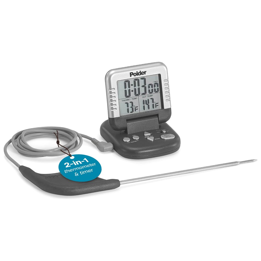 Polder Classic Digital Thermometer and Timer, Meat Thermometer for Cooking, Stainless Steel Probe, 24-Hour Countdown Timer with 40" Long, High-Heat Silicone Cord