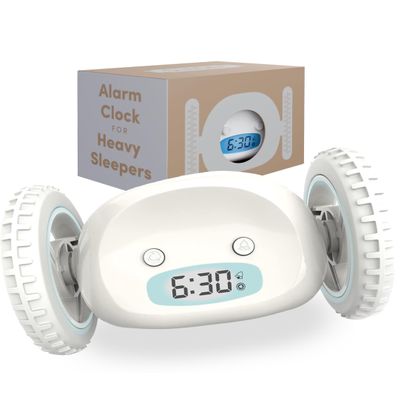 CLOCKY Alarm Clock on Wheels Loud Rolling Alarm Clock for Heavy Sleepers | Runaway Clock That Jumps & Runs to Wake You Up | Funny Unique Gift for Adults & Teens (White)