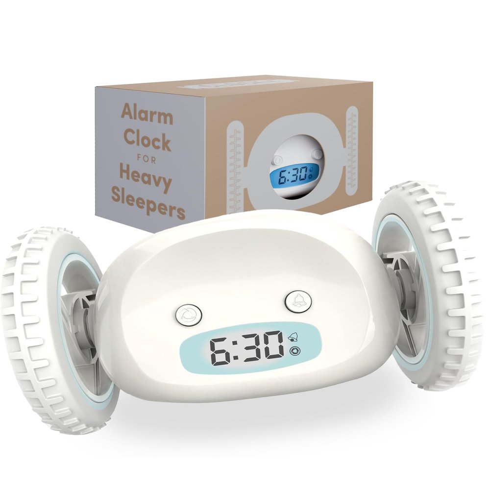 CLOCKY Alarm Clock on Wheels Loud Rolling Alarm Clock for Heavy Sleepers | Runaway Clock That Jumps & Runs to Wake You Up | Funny Unique Gift for Adults & Teens (White)