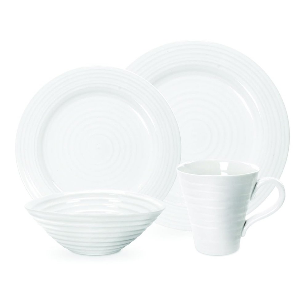 Portmeirion Sophie Conran White Place Setting - 4 Piece Dinnerware Set with 11 Dinner, 8 Salad, 7.25 Bowl & 12.5 oz Mug - Fine Porcelain, Dishwasher & Microwave Safe Tableware for Everyday Dining