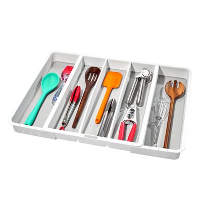 madesmart Expandable Utensil Tray-White | Classic Collection | 5-Compartments | Kitchen Organizer | Soft-Grip Lining and Non-Slip Rubber Feet | Easy to Clean | BPA-Free