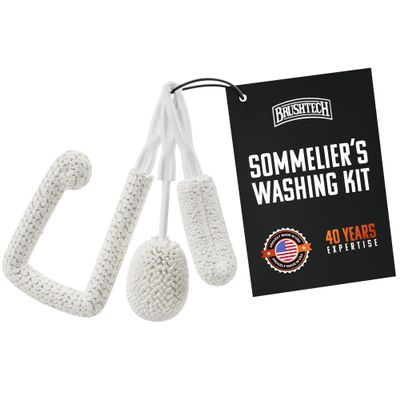 Brushtech 3-Piece Sommeliers Washing Kit - USA Made Glass Cleaning Brushes with Tapered Foam Heads for Decanters, Flutes, Goblets - Scratch-Free Handles & Long-Lasting Shape Retention