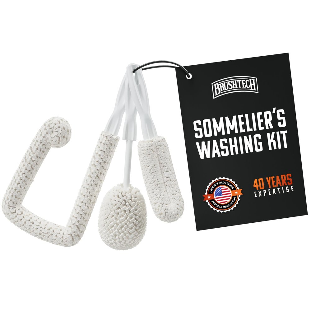 Brushtech 3-Piece Sommeliers Washing Kit - USA Made Glass Cleaning Brushes with Tapered Foam Heads for Decanters, Flutes, Goblets - Scratch-Free Handles & Long-Lasting Shape Retention