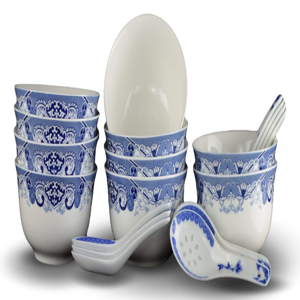 10 Pcs Fine Bone China Blue and White Chinese Soup Bowls Ceramic Porcelain Bowl, with Free 10 Porcelain Spoons Rice Bowl
