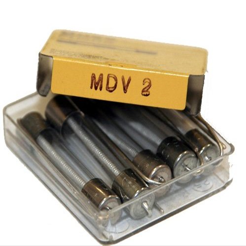 Box of (5) Bussmann MDV-2 Amp @ 250 Volts or Less 1/4" x 1-1/4" Slow Blowing Fuses with Pig Tail Leads
