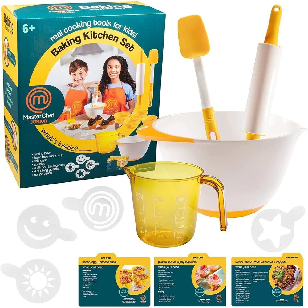 MasterChef Junior Baking Kitchen Set for Kids - 7 Pc. Kit Includes Real Cooking Tools for Kids w Recipes, Xmas Holiday Gift Party- Homemade Treats