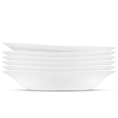 Bormioli Rocco Parma Set Of 6 Pasta Bowls And Soup Plates, 8.75 Inch Tempered Opal Glass, Clean White, Linear & Curved Design, Dishwasher Safe, Made In Spain.