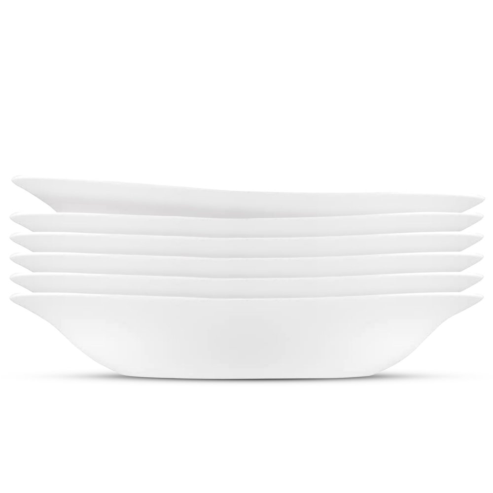 Bormioli Rocco Parma Set Of 6 Pasta Bowls And Soup Plates, 8.75 Inch Tempered Opal Glass, Clean White, Linear & Curved Design, Dishwasher Safe, Made In Spain.