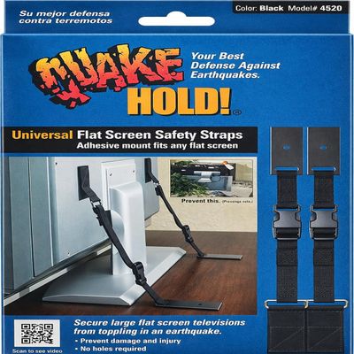 QuakeHOLD! Universal Flat Screen TV Safety Straps, Nylon Anti-Tip Adhesive Straps, Earthquake Protection, For TVs and Furniture, Child Proofing for Home Safety, Easy Installation, Black, 1 Pack