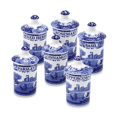 Spode Blue Italian Spice Jars | Set of 6 | Beautiful and Functional Kitchen Dcor | Made of Fine Porcelain | 4 Inch Seasoning Storage Jars | Dishwasher Safe