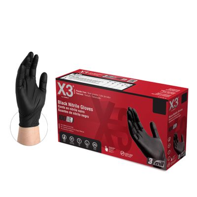 AMMEX X3 Black Nitrile Disposable Industrial Gloves 3 Mil, Latex/Powder-Free, Food-Safe, Non-Sterile, Textured, X-Large, Box of 100