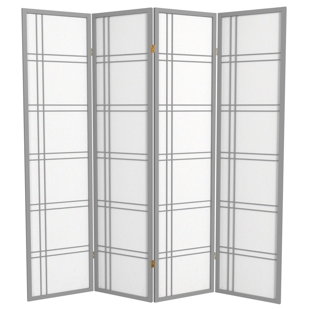Red Lantern 6 ft. Tall Double Cross Shoji Screen - Grey - 4 Panels