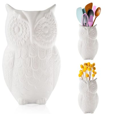 Comfify Owl Utensil Holder Decorative Ceramic Cookware Crock & Organizer, in Lovely White Color - Utensil Shaped Caddy and Perfect Kitchen Ceramic Decor Gift for Countertop - 5 x 7 x 4 Size