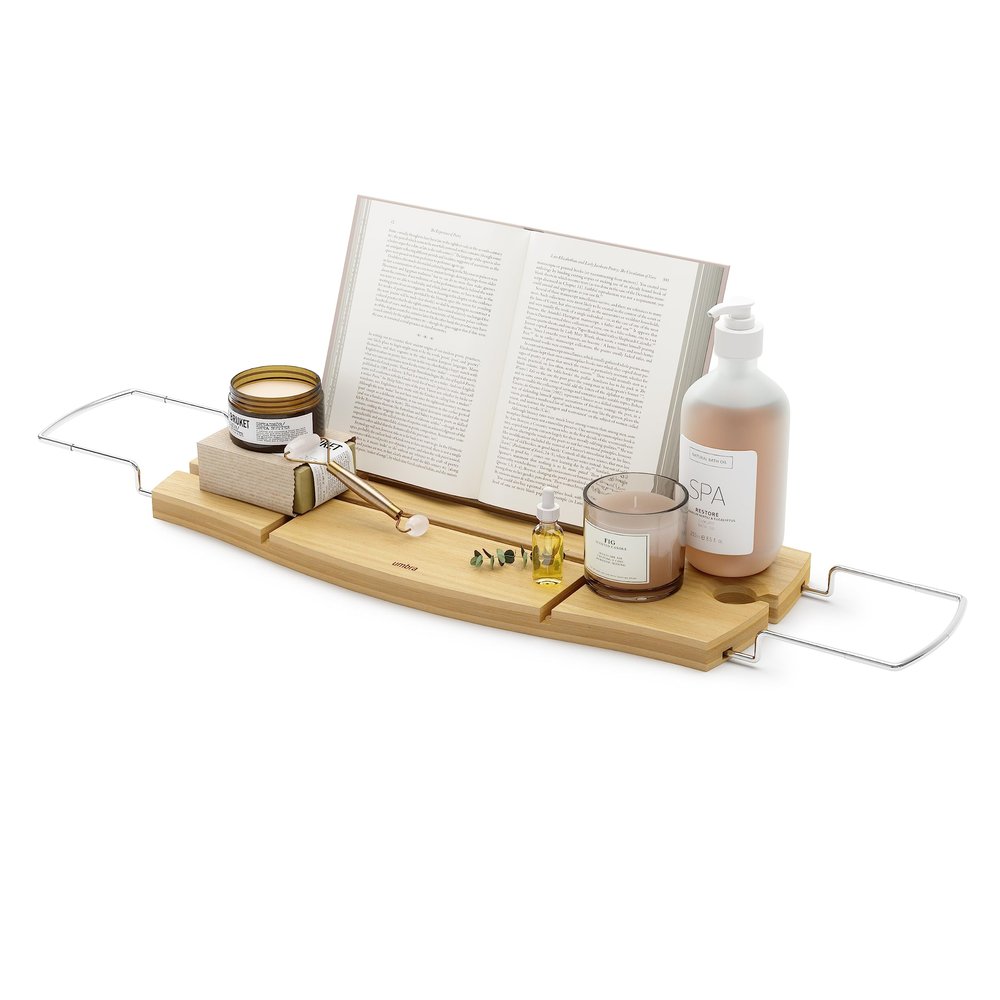 Umbra Aquala Bathtub Tray Extendable Caddy with Book Stand and Wine Glass Holder, Natural