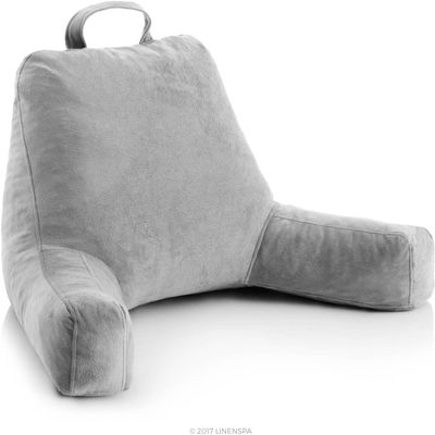 LINENSPA Reading Pillow with Shredded Memory Foam- Back Pillow for Sitting in Bed, Reading, Gaming, Watching TV  Chair Pillow with Arms, Dorm Room Essentials, Stone
