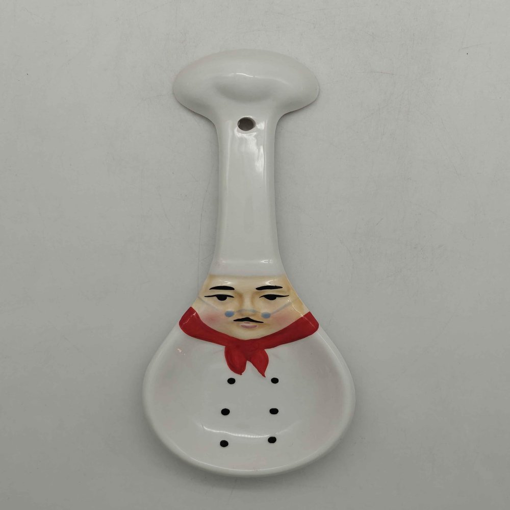 ACK Plump Bistro White Chef Hand Painted Ceramic Spoon Rest,Cooking Spoon Holder for Kitchen Counter, Utensil Rest for Spoon, Ladle, Spatula, Kitchen Dcor