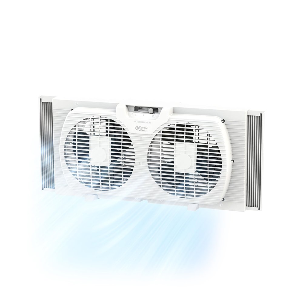 Comfort Zone Twin Window Fan with Reversible Airflow Control, 9 inch, Auto-Locking Expanders, 2 Speed Fan, Dual Fan, Exhaust, Airflow 9.84 ft/sec, Ideal for Home, Kitchen, Bedroom & Office, CZ319WT