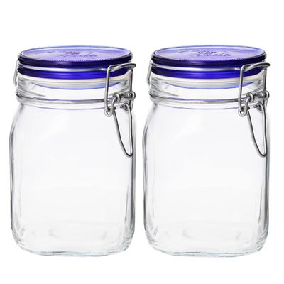 Bormioli Rocco Fido Collection, 2 Pack, 33 Oz. Food Storage Glass Jars, Airtight Rubber Seal & Glass Lid, With Stainless Wire Clamp, Made In Italy.