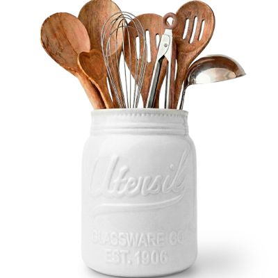 Comfify Wide Mouth Mason Jar Utensil Holder Decorative Kitchenware Organizer Crock - Perfect Cookware Gift - White, Large Size 5.4x6.75