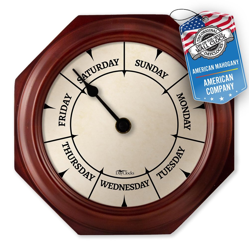 DayClocks Classic Day of The Week Wall Clock - 10" Solid Mahogany Wood Frame, Ideal Retirement Gift for Men and Women, Day Clock for Seniors and Retirees
