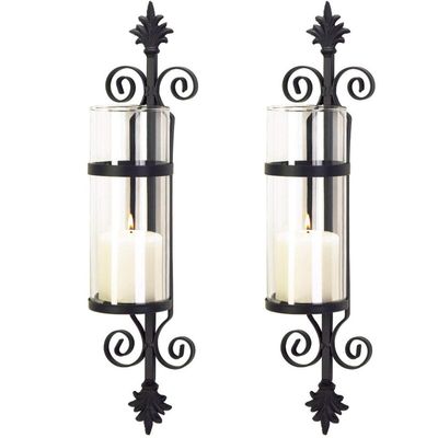 2 Black Iron French Hurricane Candle Holder Wall Sconce