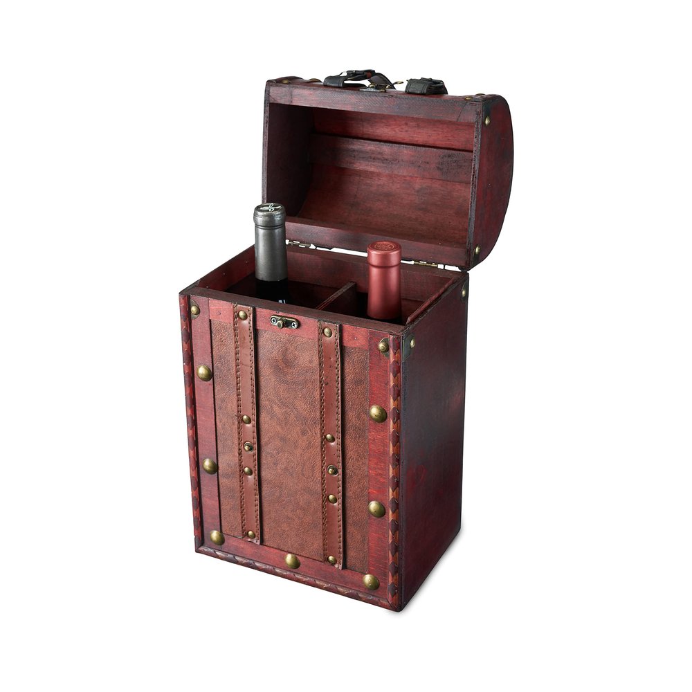 Twine Antique Wooden Decorative Wine Box with Lid and Handle, Wine Accessory Sets, Wood, Faux Leather, Brass Accents,2 Bottle