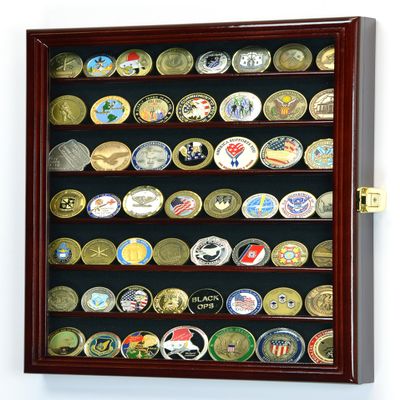 Military Challenge Coin Display Case Cabinet Holder Wall Rack 98% UV Lockable -Cherry