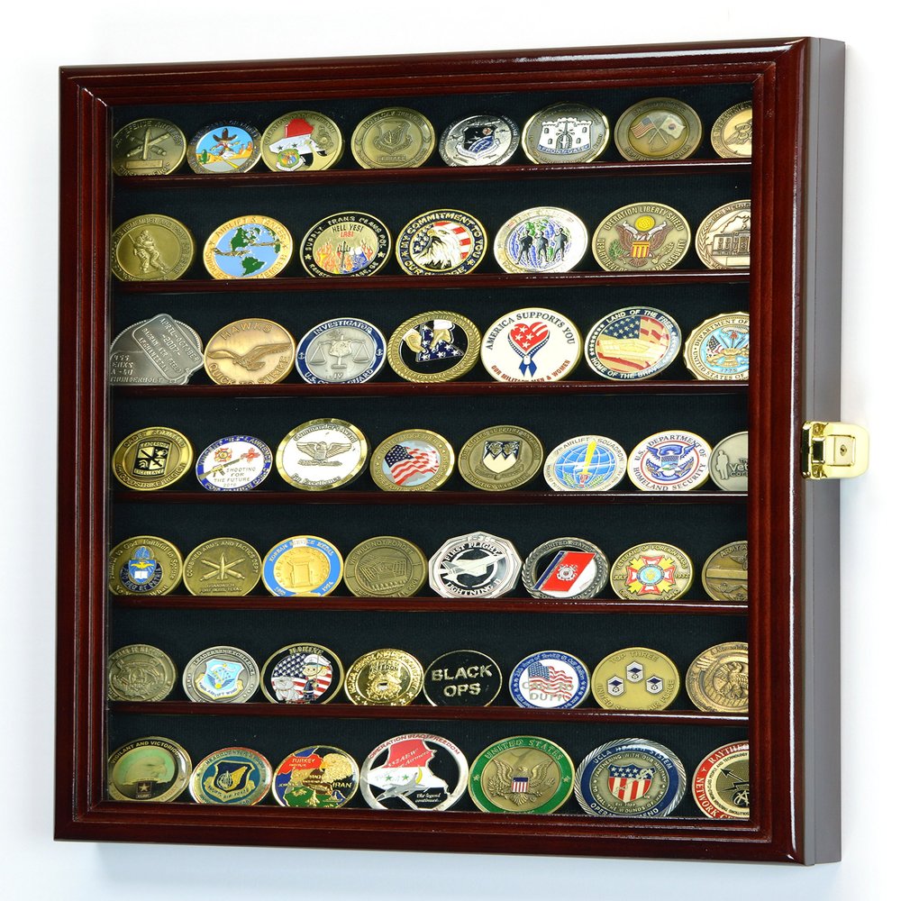 Military Challenge Coin Display Case Cabinet Holder Wall Rack 98% UV Lockable -Cherry