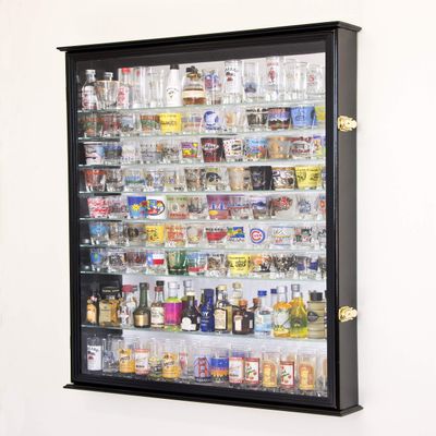 XL Shot Glass Display Case Rack Holder Cabinet w/Mirror Backed and 11 Glass Shelves -Black
