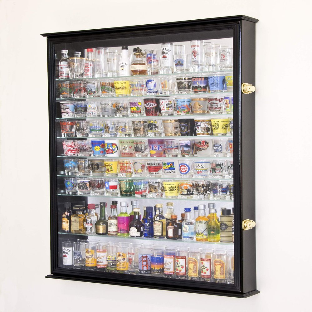 XL Shot Glass Display Case Rack Holder Cabinet w/Mirror Backed and 11 Glass Shelves -Black