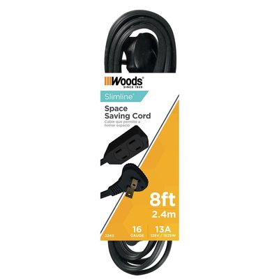 Woods 2243 16/3 Flat Indoor Extension Cord, 8-Foot, 3 Grounded Outlets, Right Angled Plug, Space Saving Design, UL Listed, Black