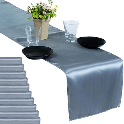 MDS Pack of 10 Satin Table Runners 12 x 108 Inch Long Wedding Sateen Bright Silk Smooth Table Runner for Wedding Reception Birthday Graduation Party Event Banquet Dinner Decoration - Light Silver