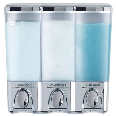Better Living Clear Choice Shower Dispenser 3 Chamber, Wall Mount Shower Soap Pump Dispenser for Bathroom Hotel Body Wash, No Drill Adhesive, Waterproof Dispenser, 3 x 14.2 oz, Chrome