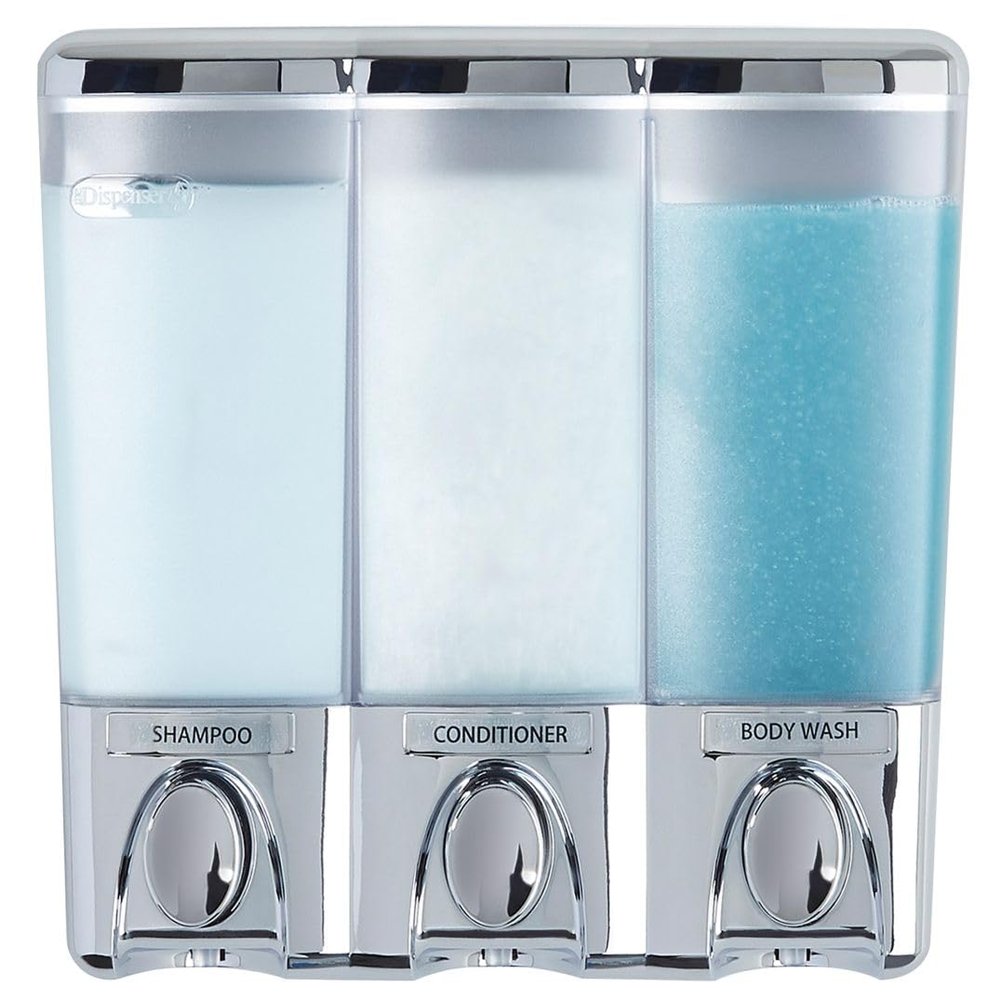 Better Living Clear Choice Shower Dispenser 3 Chamber, Wall Mount Shower Soap Pump Dispenser for Bathroom Hotel Body Wash, No Drill Adhesive, Waterproof Dispenser, 3 x 14.2 oz, Chrome