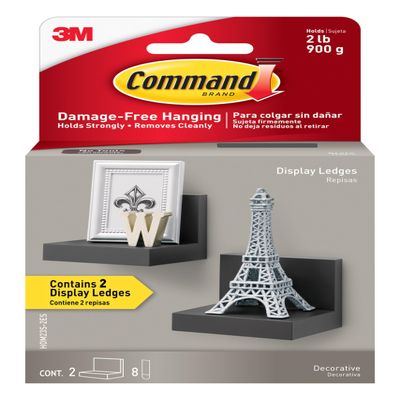 Command Display Ledges, Holds up to 2 lb, Slate, 2 Ledges with 8 Medium Strips, Damage-Free Hanging Floating Shelf with Adhesive Strips, Personalize Living Room, Bedroom, Kids Room or Office