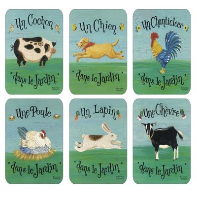 Pimpernel French Barnyard Coasters, Set of 4 (4" x 4") Cork-Backed Drink Mats with Whimsical Farm Animal Artwork, Heat & Stain Resistant Tabletop Protection for Dining, Kitchen & Coffee