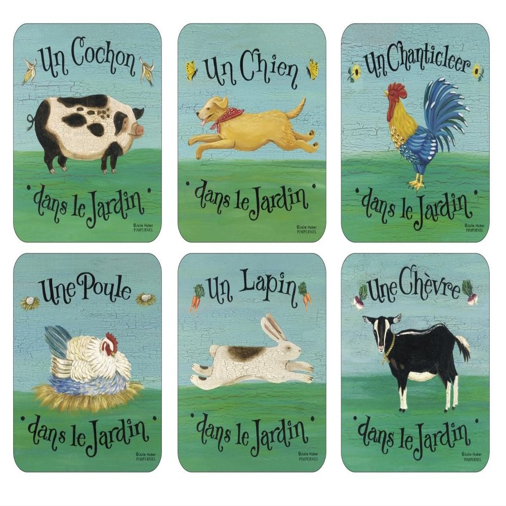 Pimpernel French Barnyard Coasters, Set of 4 (4" x 4") Cork-Backed Drink Mats with Whimsical Farm Animal Artwork, Heat & Stain Resistant Tabletop Protection for Dining, Kitchen & Coffee