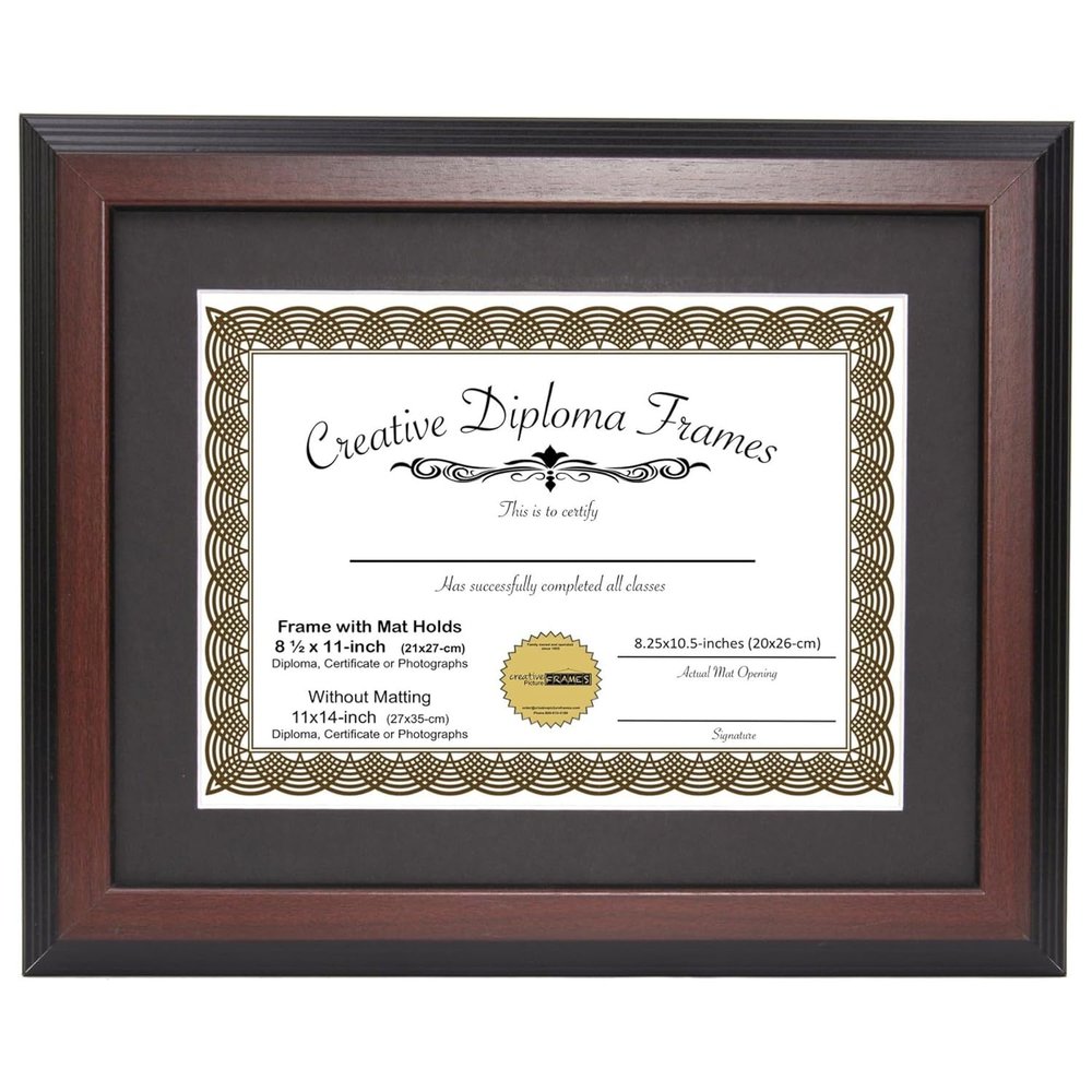 Creative Picture Frames 11x14-inch Mahogany Diploma Frame with Black Mat to Hold 8.5 x 11 Graduation Certificate Documents with Installed Wall Hanger