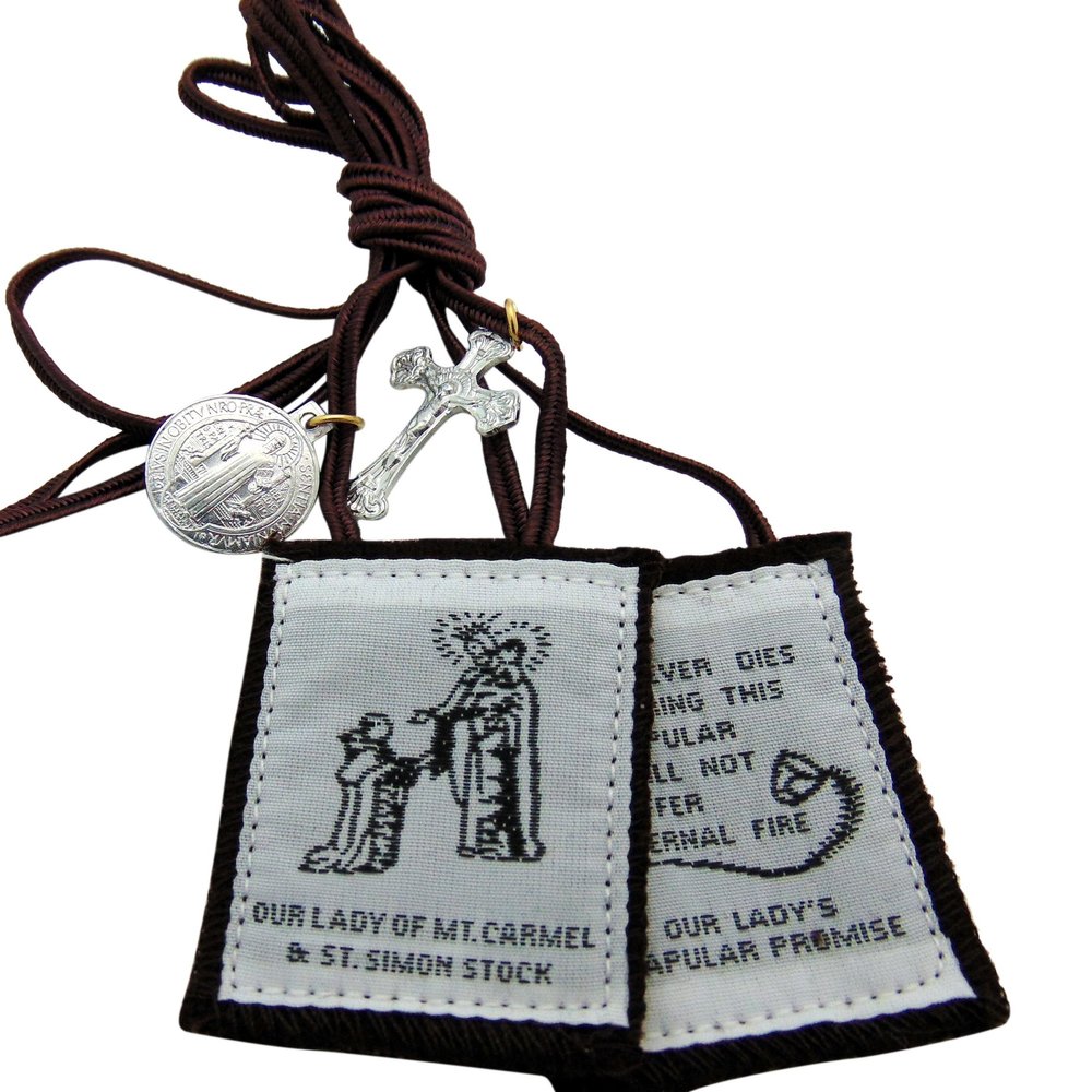 Brown Scapular - Our Lady and Simon Stock on White Background (1008)