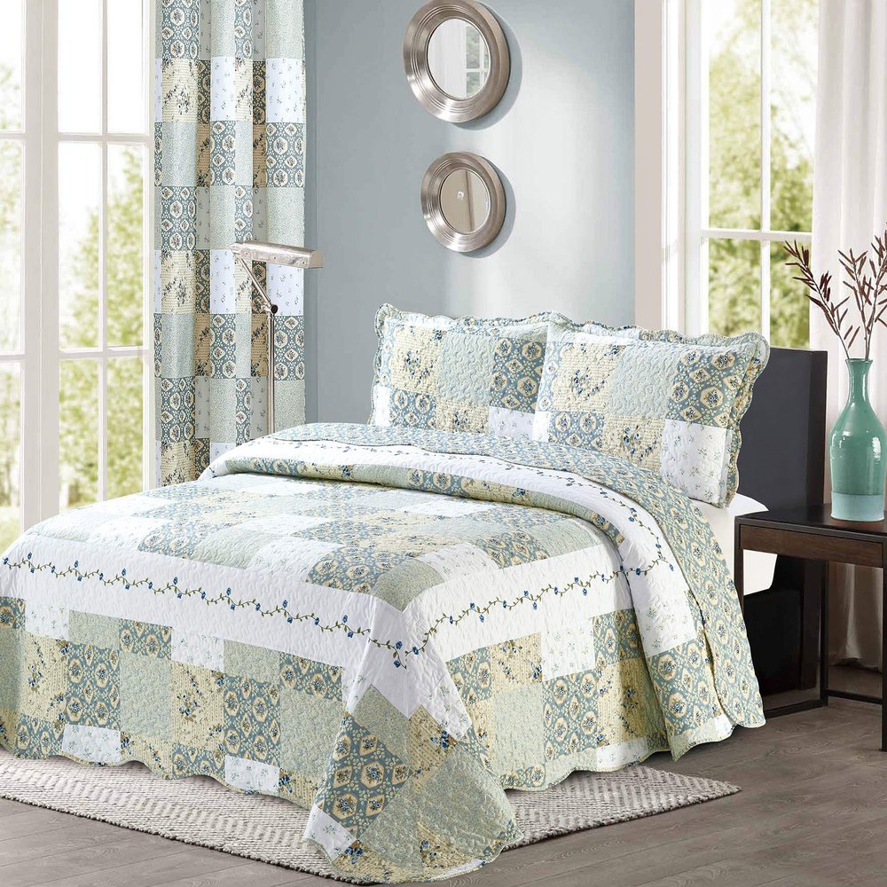 All American Collection New Reversible 3pc Floral Printed Patchwork Blue/Green Bedspread/Quilt Set Matching Curtains Available (King/Cal King Size)