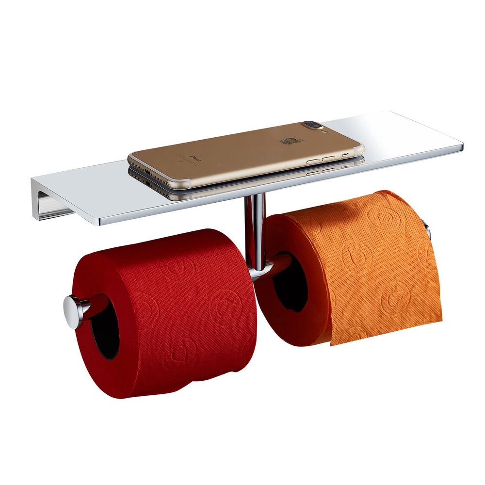 Sanliv Heavy-Duty Double Toilet Paper Holder, Polished Chrome Dual Roll Toilet Tissue Holder with Phone Shelf | Solid Brass, Wall-Mount | Home & Commercial Bathroom