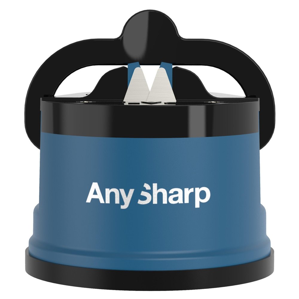 AnySharp  GLOBAL  Hands Free Knife Sharpener - Easy to Use Sharpening Tool with PowerGrip Suction Base and 20-Degree Pre-set Angle - For All Knives: Chefs, Serrated, and Hardened Steel - Blue