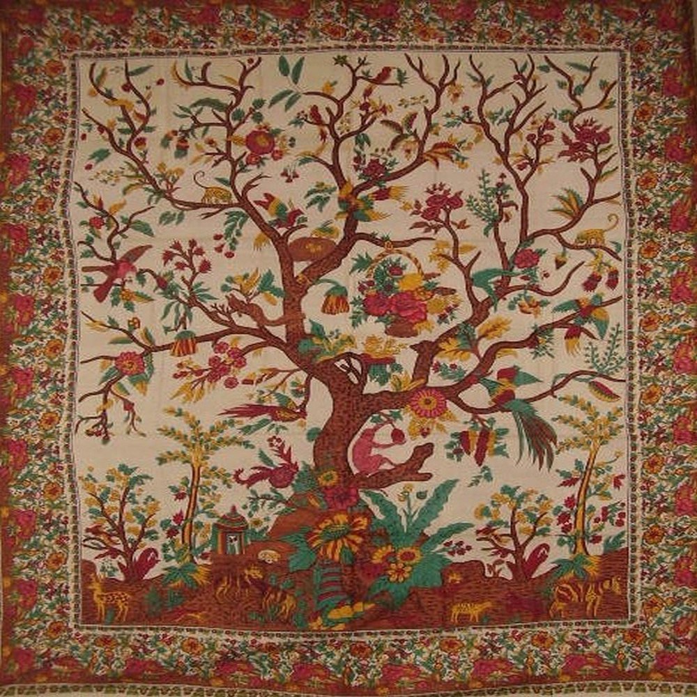 India Arts Tree of Life Tapestry Cotton Bedspread 108" x 88" Full-Queen Beige