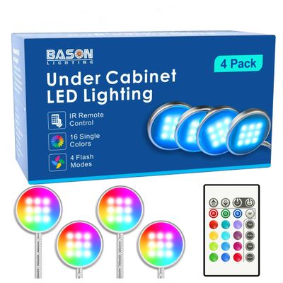BASON LIGHTING RGB Under Cabinet Lighting, Wireless Remote Control, 16-Color Plug in Puck Lights, Dimmable LED Cabinet Light Kit for Kitchen, Bookshelf, Counter, 4 Pack