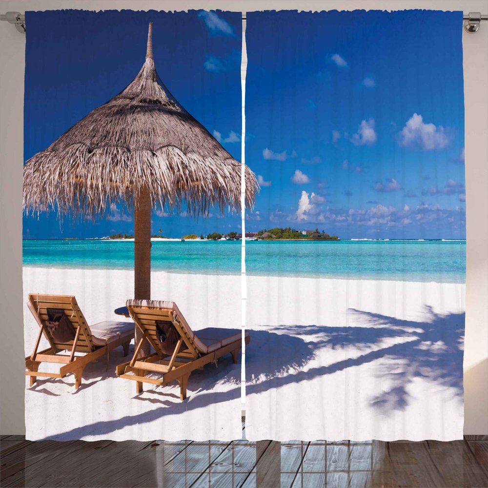 Ambesonne Landscape Curtains, Island Caribbean Honeymoon Themed Beach Seashore Ocean Print, Living Room Bedroom Window Drapes 2 Panel Set, 108" X 63", Brown Turquoise