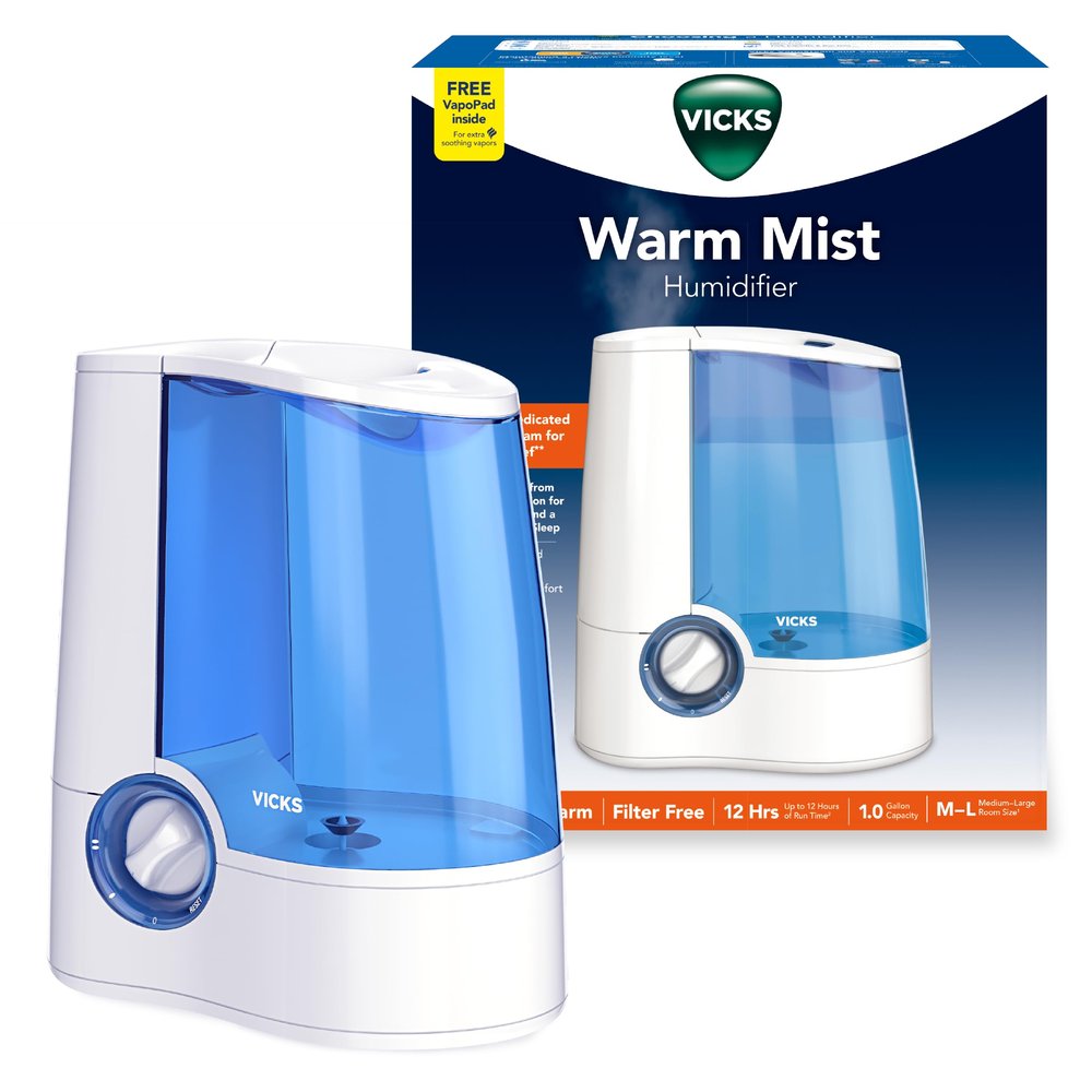 Vicks Warm Mist Humidifier FilterFree 1Gal Tank, Auto ShutOff, Night Light, VapoPad and VapoSteam Compatible
