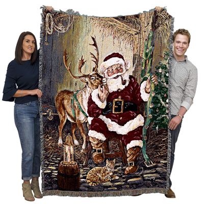 Pure Country Weavers Christmas Time to Go Blanket by Terry Doughty - Santa Claus Saint Nicholas Nick Kris Kringle Reindeer Cat - Gift Tapestry Throw Woven from Cotton - Made in The USA (72x54)
