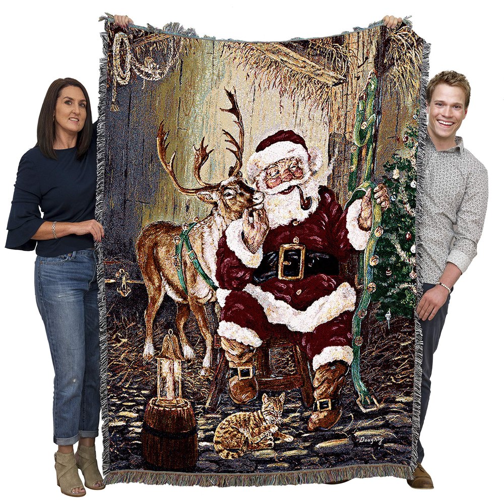 Pure Country Weavers Christmas Time to Go Blanket by Terry Doughty - Santa Claus Saint Nicholas Nick Kris Kringle Reindeer Cat - Gift Tapestry Throw Woven from Cotton - Made in The USA (72x54)